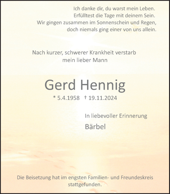 Anzeige von Gerd Hennig von Kölner Stadt-Anzeiger / Kölnische Rundschau / Express