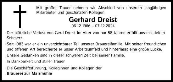 Anzeige von Gerhard Dreist von Kölner Stadt-Anzeiger / Kölnische Rundschau / Express