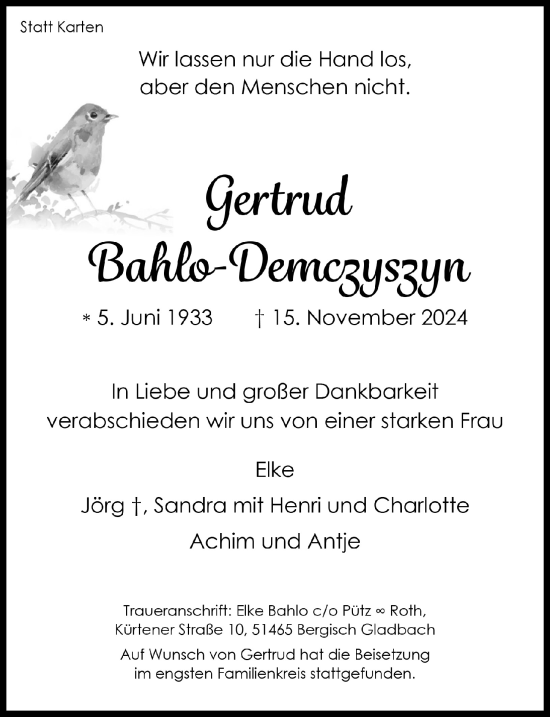 Anzeige von Gertrud Bahlo-Demczysyn von  Bergisches Handelsblatt 