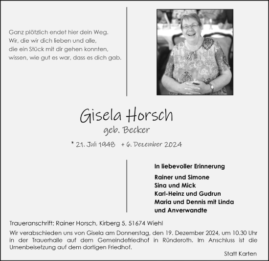 Anzeige von Gisela Horsch von  Anzeigen Echo 