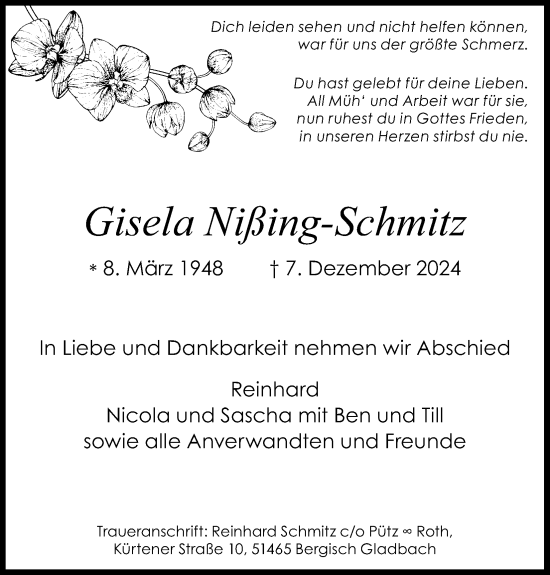 Anzeige von Gisela Nißing-Schmitz von Kölner Stadt-Anzeiger / Kölnische Rundschau / Express