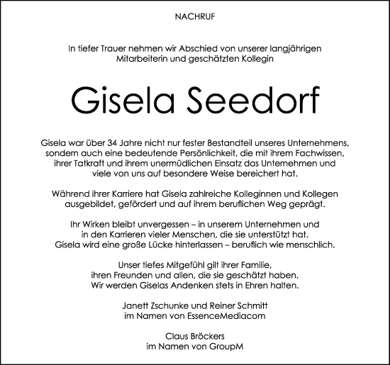Anzeige von Gisela Seedorf von Kölner Stadt-Anzeiger / Kölnische Rundschau / Express