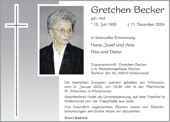 Anzeige von Gretchen Becker von  Blickpunkt Euskirchen 