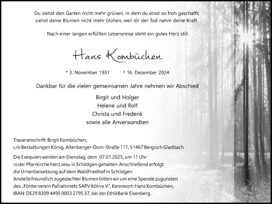Anzeige von Hans Kombüchen von Kölner Stadt-Anzeiger / Kölnische Rundschau / Express