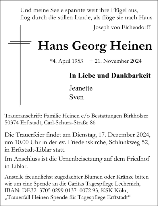 Anzeige von Hans Georg Heinen von  Werbepost 