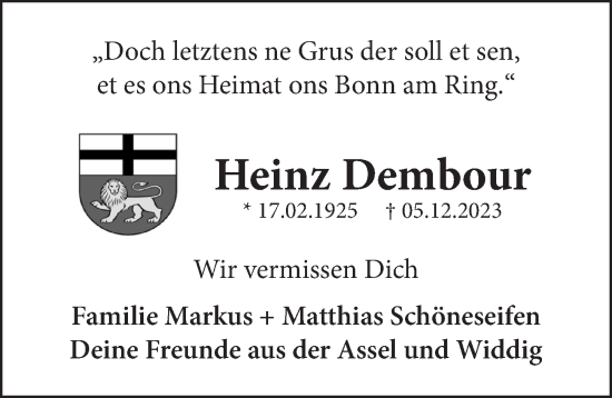 Anzeige von Heinz Dembour von  Schaufenster/Blickpunkt 