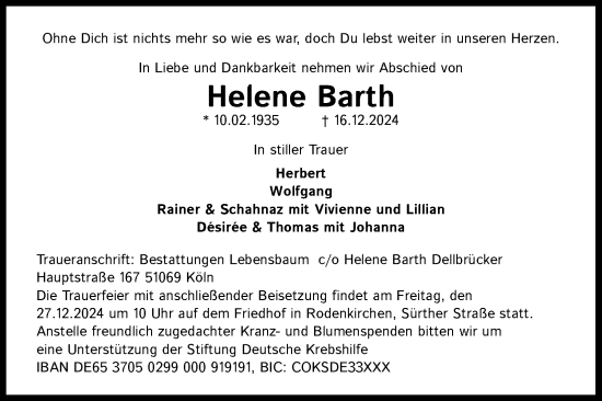 Anzeige von Helene Barth von Kölner Stadt-Anzeiger / Kölnische Rundschau / Express