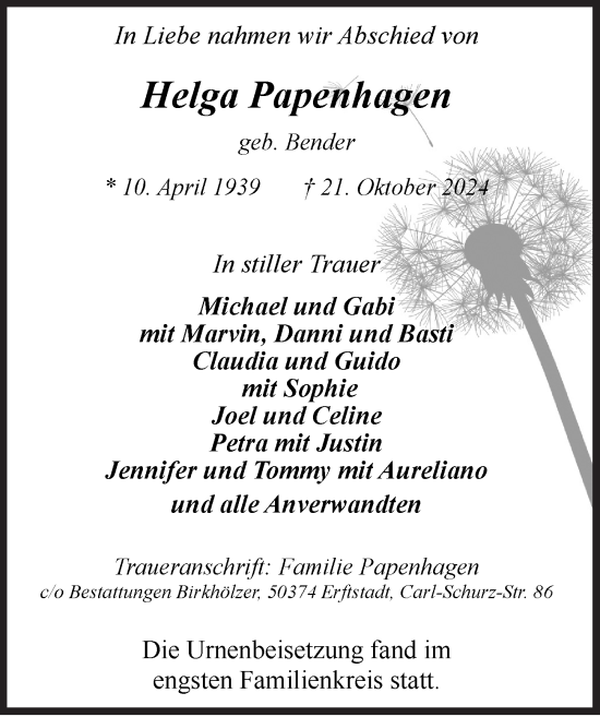 Anzeige von Helga Papenhagen von  Werbepost 