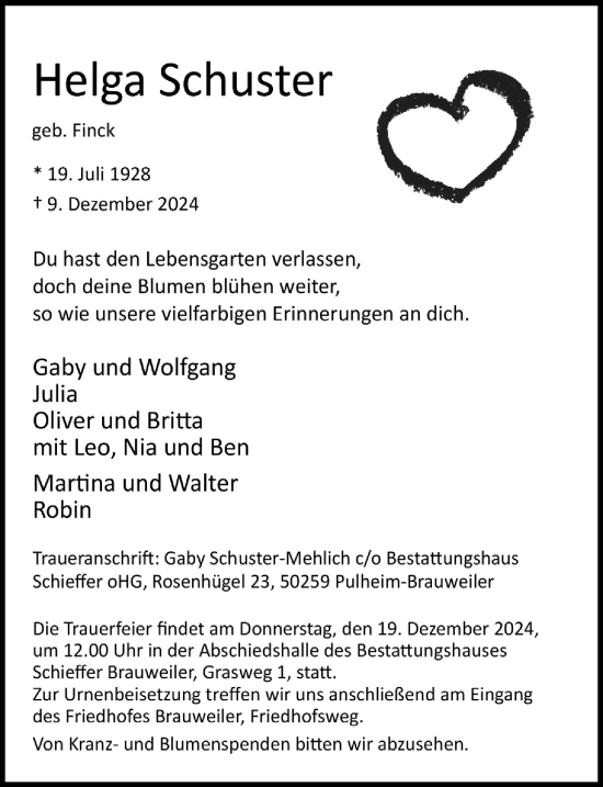 Anzeige von Helga Schuster von  Wochenende 