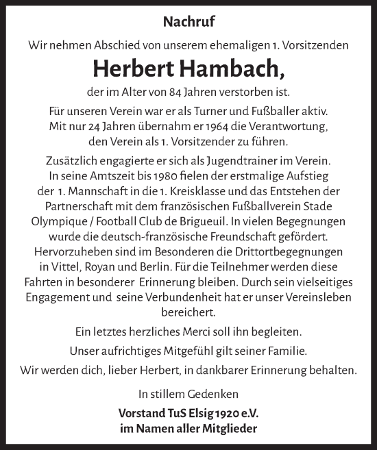 Anzeige von Herbert Hambach von  Blickpunkt Euskirchen 