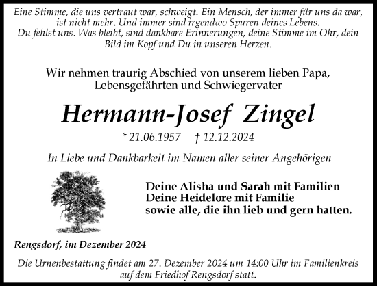 Anzeige von Hermann-Josef Zingel von Kölner Stadt-Anzeiger / Kölnische Rundschau / Express