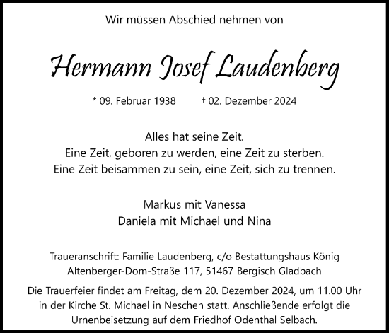 Anzeige von Hermann Josef Laudenberg von Kölner Stadt-Anzeiger / Kölnische Rundschau / Express