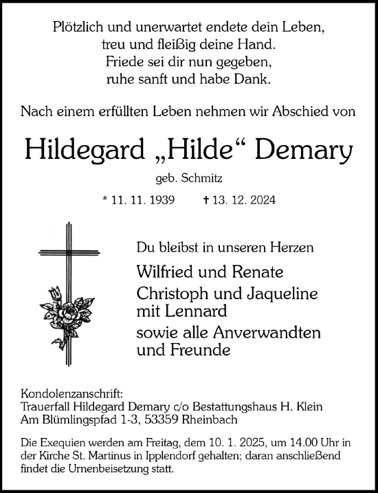 Anzeige von Hildegard Demary von  Schaufenster/Blickpunkt 