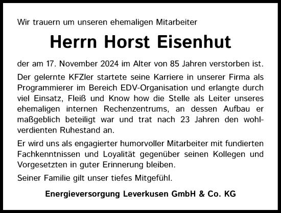 Anzeige von Horst Eisenhut von Kölner Stadt-Anzeiger / Kölnische Rundschau / Express
