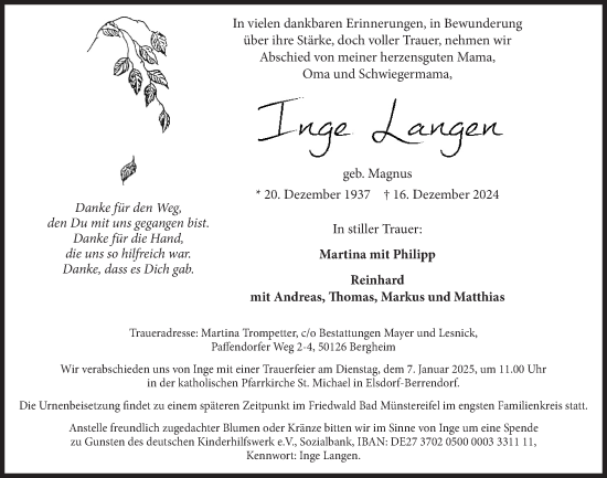 Anzeige von Inge Langen von  Werbepost 