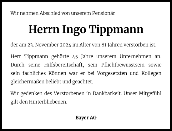 Anzeige von Ingo Tippmann von Kölner Stadt-Anzeiger / Kölnische Rundschau / Express