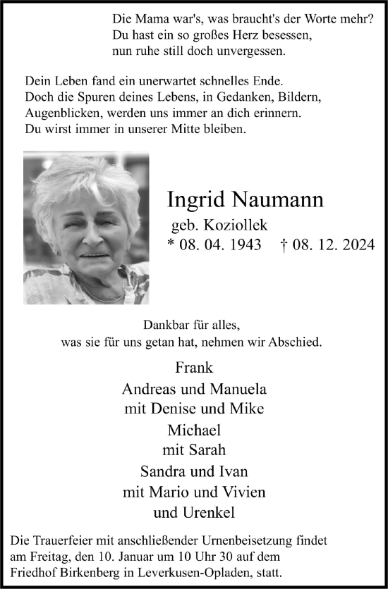 Anzeige von Ingrid Naumann von  Lokale Informationen 
