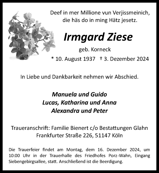Anzeige von Irmgard Ziese von  EXPRESS - Die Woche 