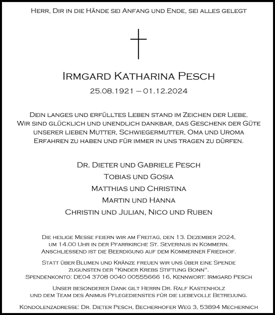 Anzeige von Irmgard Katharina Pesch von  Blickpunkt Euskirchen 