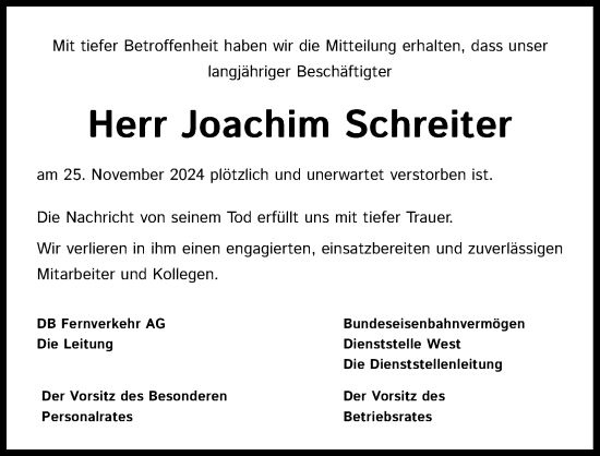 Anzeige von Joachim Schreiter von Kölner Stadt-Anzeiger / Kölnische Rundschau / Express