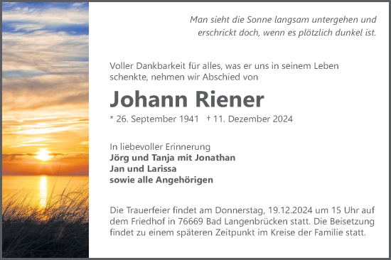 Anzeige von Johann Riener von Kölner Stadt-Anzeiger / Kölnische Rundschau / Express