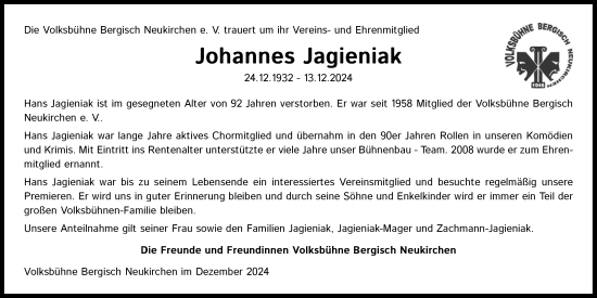 Anzeige von Johannes Jagieniak von Kölner Stadt-Anzeiger / Kölnische Rundschau / Express