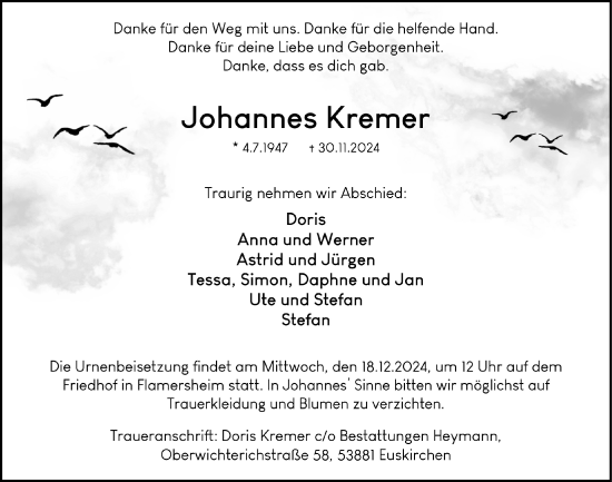 Anzeige von Johannes  Kremer von  Blickpunkt Euskirchen 
