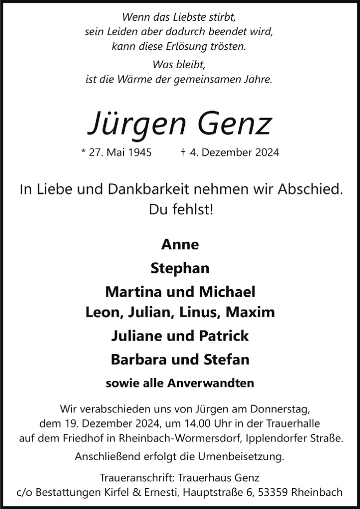  Traueranzeige für Jürgen Genz vom 13.12.2024 aus  Schaufenster/Blickpunkt 