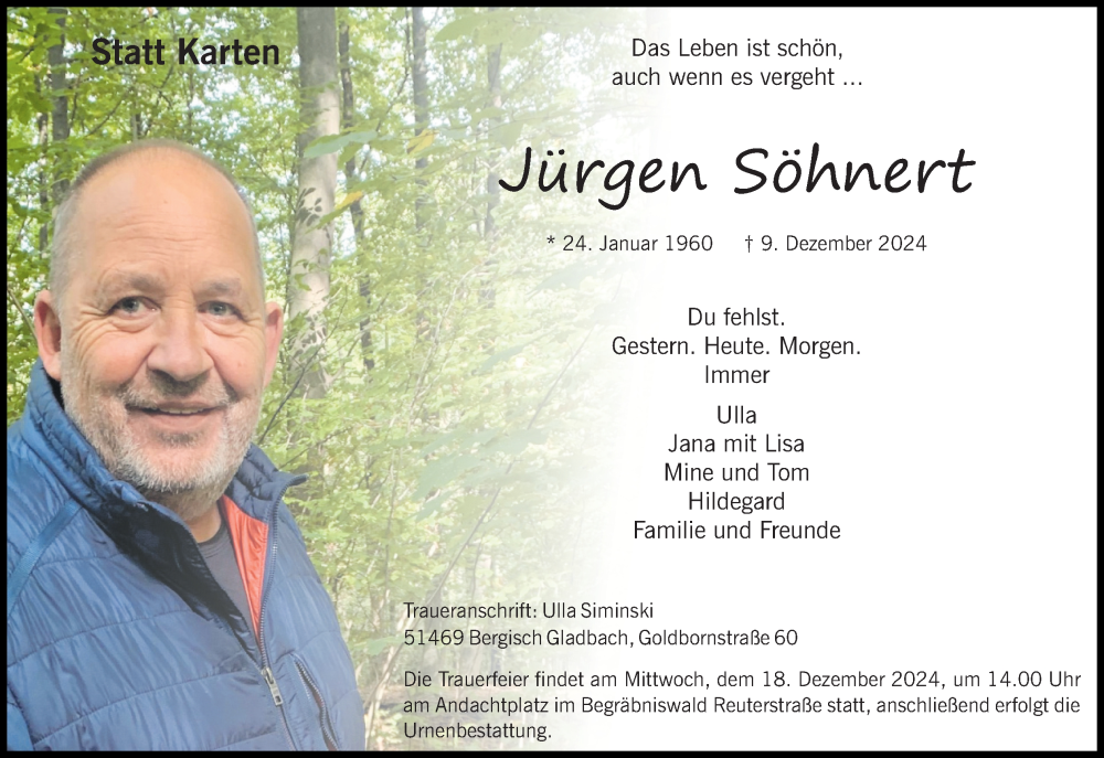  Traueranzeige für Jürgen Söhnert vom 14.12.2024 aus Kölner Stadt-Anzeiger / Kölnische Rundschau / Express