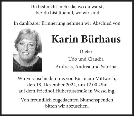 Anzeige von Karin Bürhaus von  Schlossbote/Werbekurier 