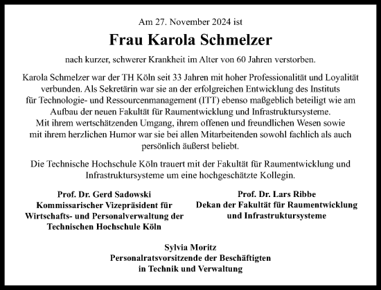 Anzeige von Karola Schmelzer von Kölner Stadt-Anzeiger / Kölnische Rundschau / Express