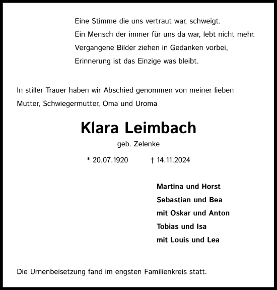 Anzeige von Klara Leimbach von Kölner Stadt-Anzeiger / Kölnische Rundschau / Express