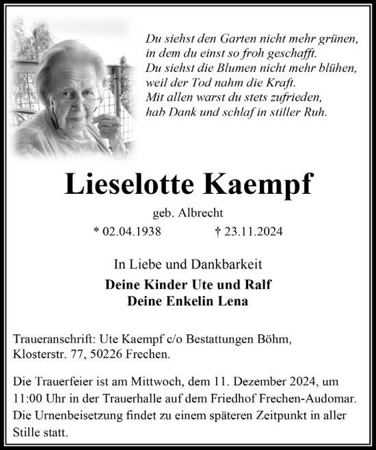 Anzeige von Lieselotte Kaempf von  Wochenende 