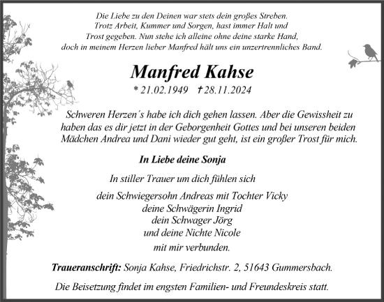 Anzeige von Manfred Kahse von  Anzeigen Echo 