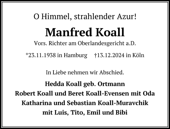 Anzeige von Manfred Koall von Kölner Stadt-Anzeiger / Kölnische Rundschau / Express