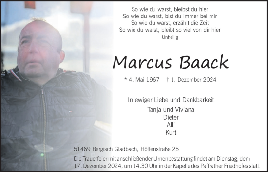 Anzeige von Marcus Baack von  Bergisches Handelsblatt 
