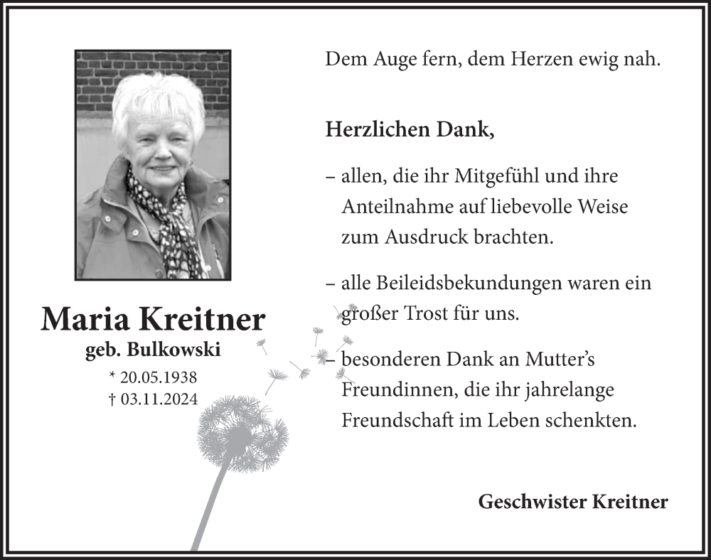  Traueranzeige für Maria Kreitner vom 21.12.2024 aus  Blickpunkt Euskirchen 