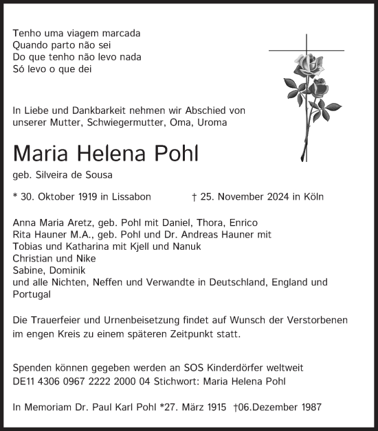 Anzeige von Maria Helena Pohl von Kölner Stadt-Anzeiger / Kölnische Rundschau / Express