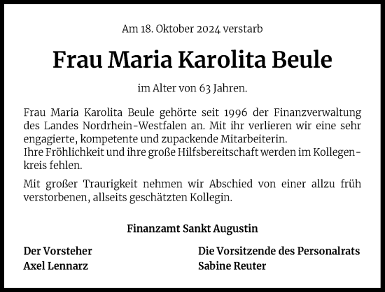 Anzeige von Maria Karolita Beule von Kölner Stadt-Anzeiger / Kölnische Rundschau / Express