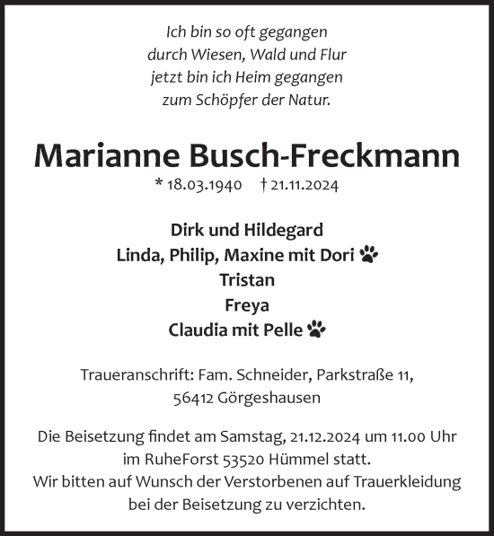 Anzeige von Marianne Busch-Freckmann von  Wochenende 