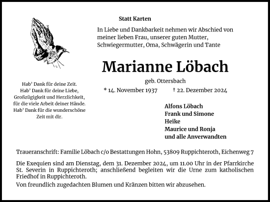 Anzeige von Marianne Löbach von Kölner Stadt-Anzeiger / Kölnische Rundschau / Express
