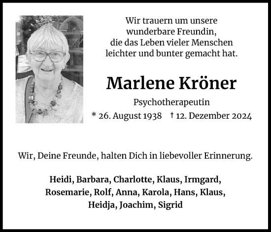Anzeige von Marlene Kröner von Kölner Stadt-Anzeiger / Kölnische Rundschau / Express