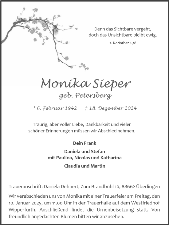 Anzeige von Monika Sieper von Kölner Stadt-Anzeiger / Kölnische Rundschau / Express
