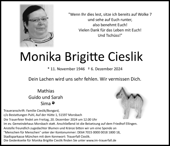 Anzeige von Monika Brigitte Cieslik von  Lokalanzeiger 