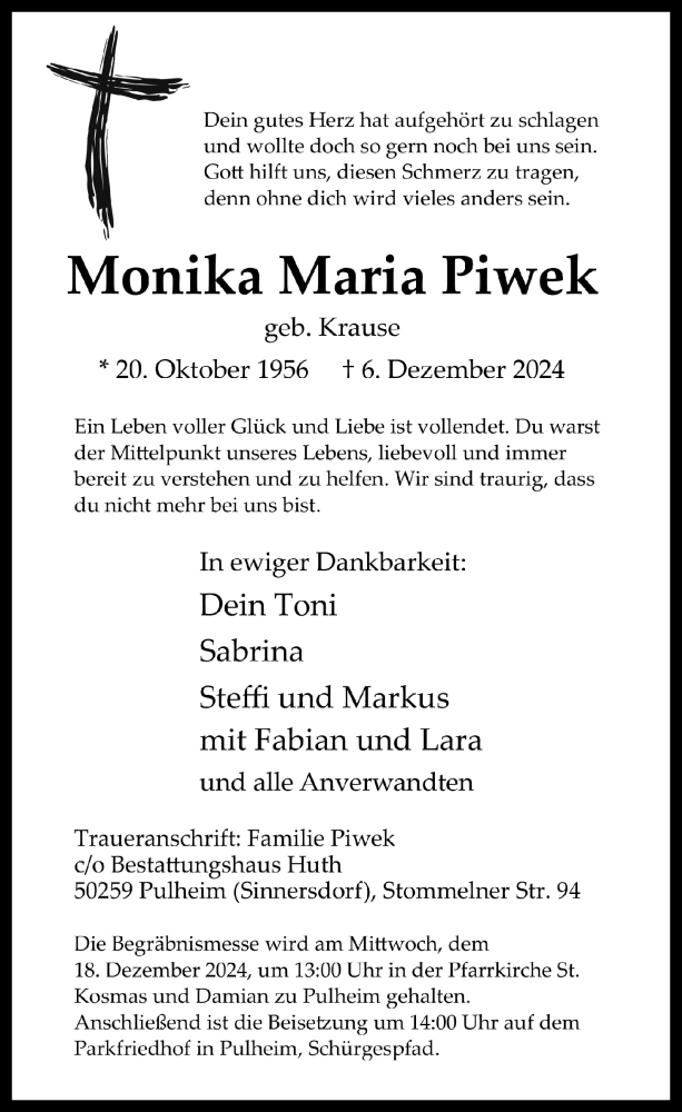  Traueranzeige für Monika Maria Piwek vom 13.12.2024 aus  Wochenende 