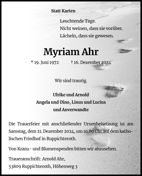 Anzeige von Myriam Ahr von Kölner Stadt-Anzeiger / Kölnische Rundschau / Express