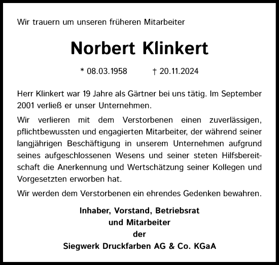 Anzeige von Norbert Klinkert von Kölner Stadt-Anzeiger / Kölnische Rundschau / Express