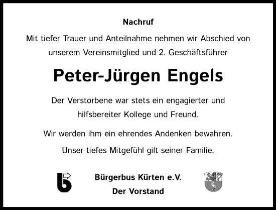 Anzeige von Peter-Jürgen Engels von Kölner Stadt-Anzeiger / Kölnische Rundschau / Express