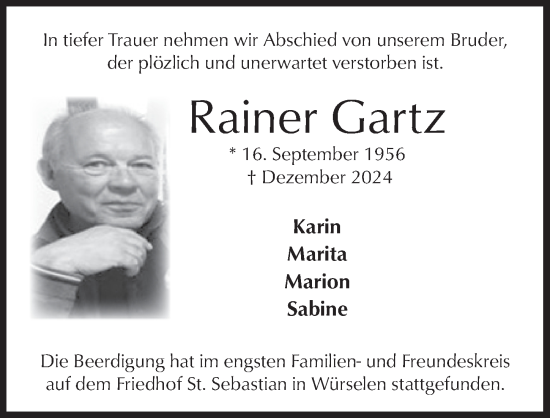 Anzeige von Rainer Gartz von  Werbepost 