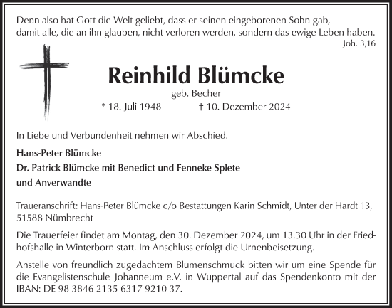 Anzeige von Reinhild Blümcke von  Lokalanzeiger 